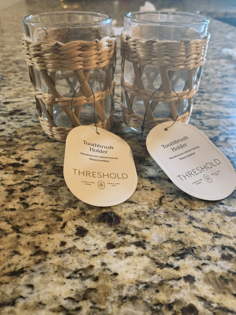 Set Of 2 Threshold Woven Rattan Glass Toothbrush Holders - Natural